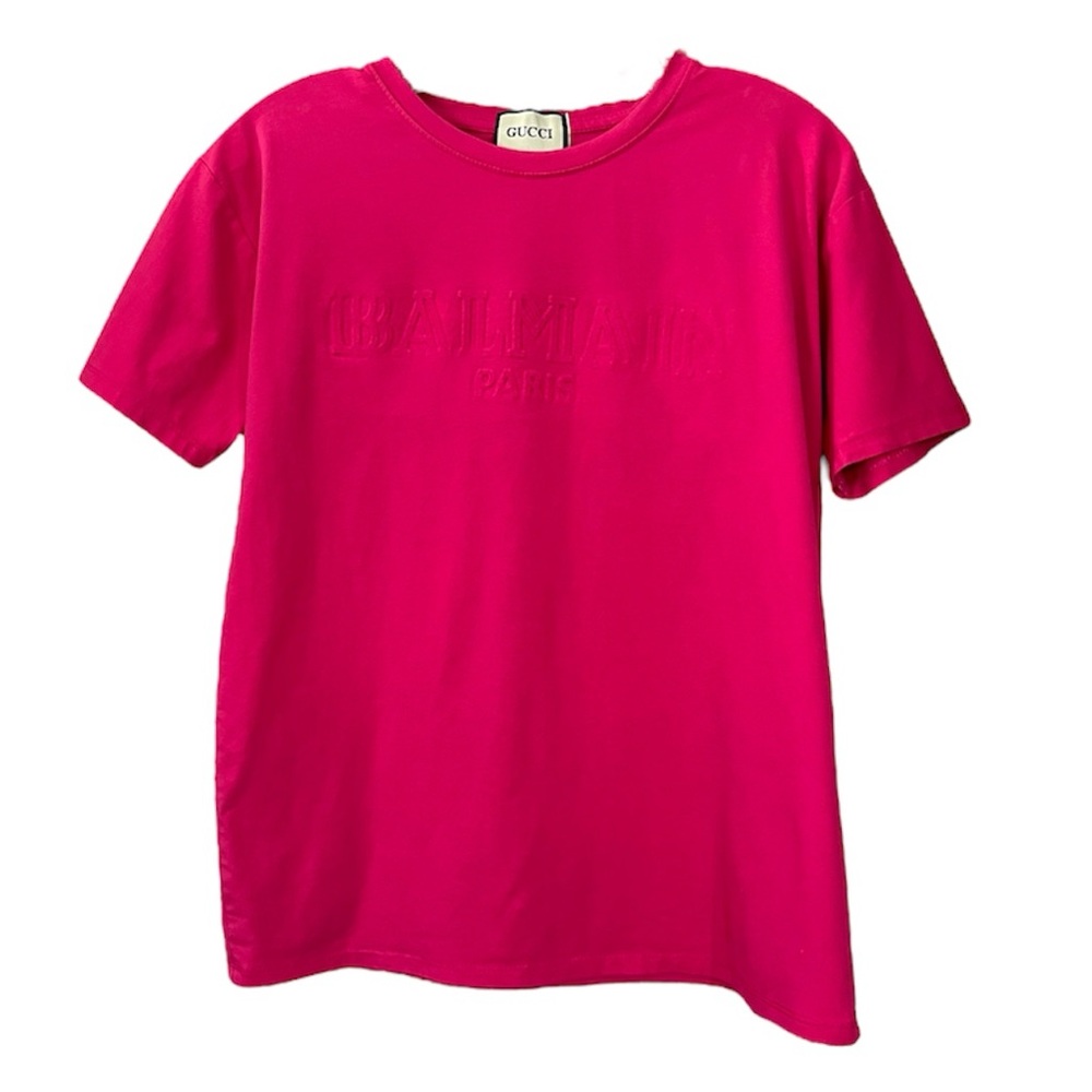 Gucci x Balmain Hot Pink Logo Tee – Women’s Designer Collab T-Shirt, Size M